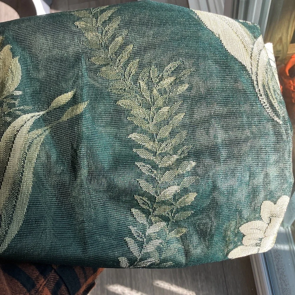 Vintage Floral Embroidered Scalloped Valance Curtain Panels Deep Green and Gold - Picture 2 of 4